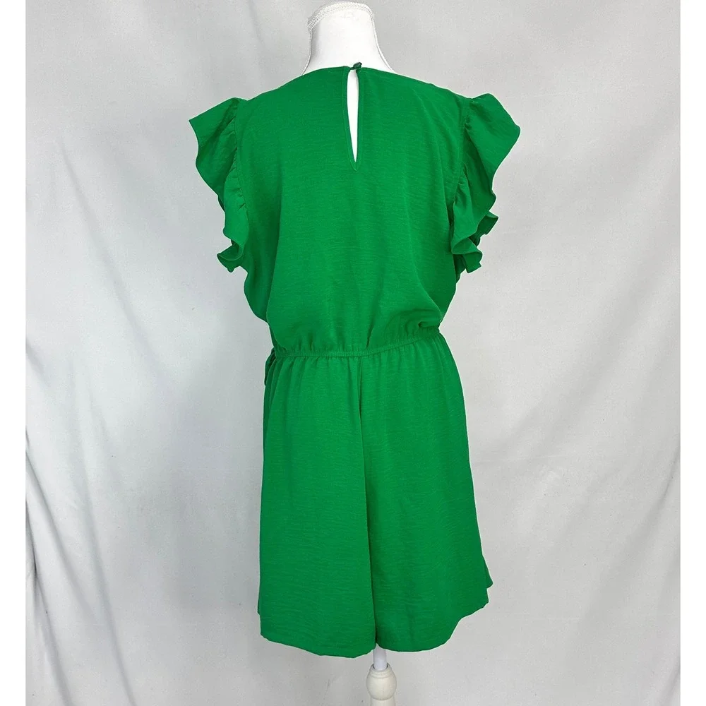 Emma & Michele Sz L Faux Wrap Romper Women's Green Ruffle V-Neck Flirty Summer